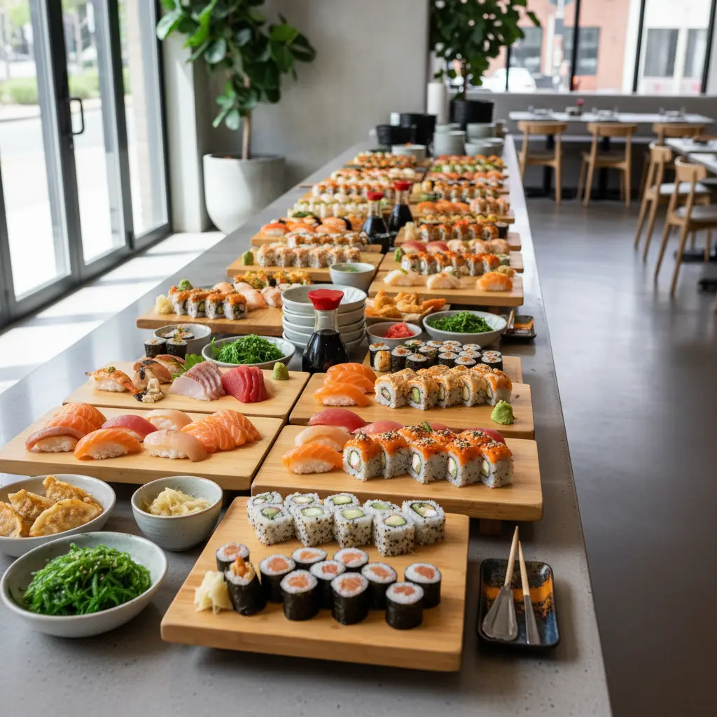 Bright sushi buffet spread with nigiri, sashimi, maki rolls, and small plates