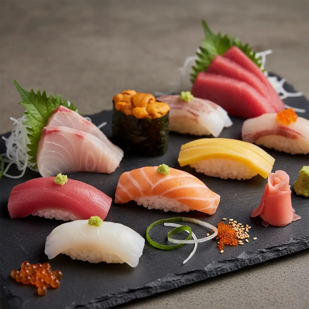 Assorted nigiri and sashimi on slate