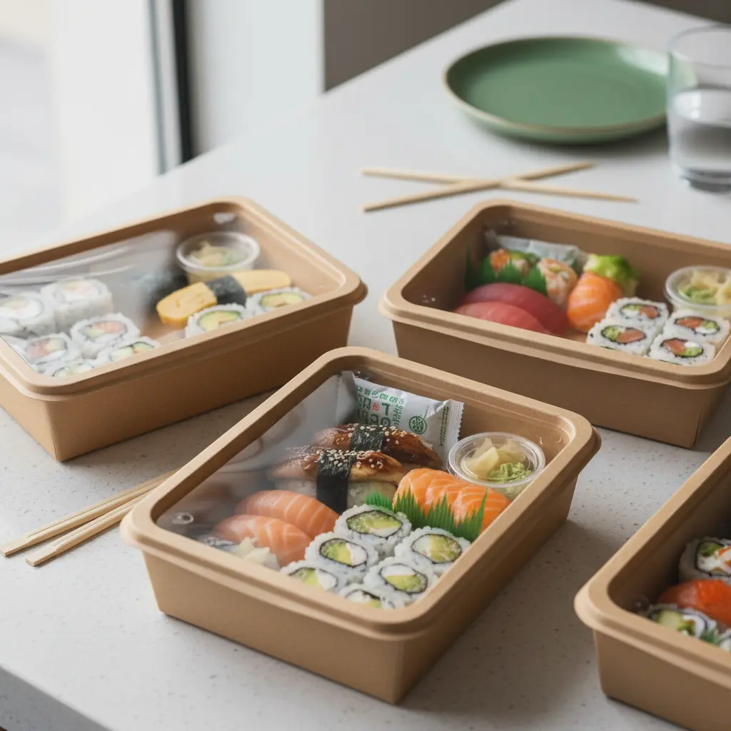 Sushi takeaway boxes neatly packed